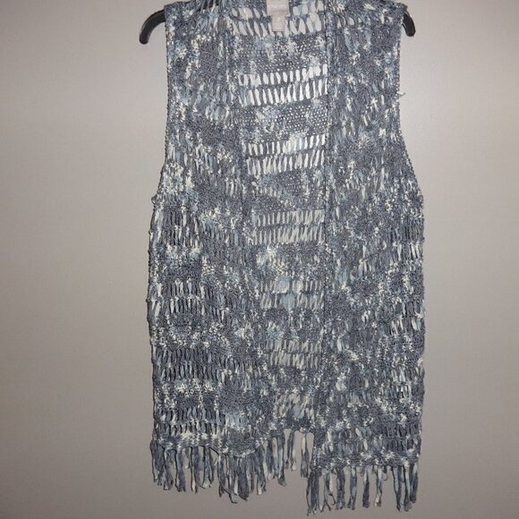 Chico's long crochet  bo-ho style vest size 2  ( 12-14), blue and white $24.00 - Picture 1 of 4